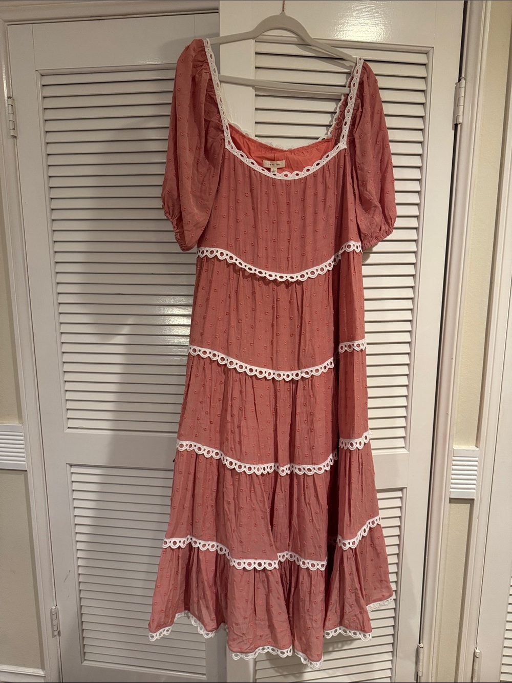 Just Me Rose Pink Tiered Eyelet Maxi Dress with Puff Sleeves